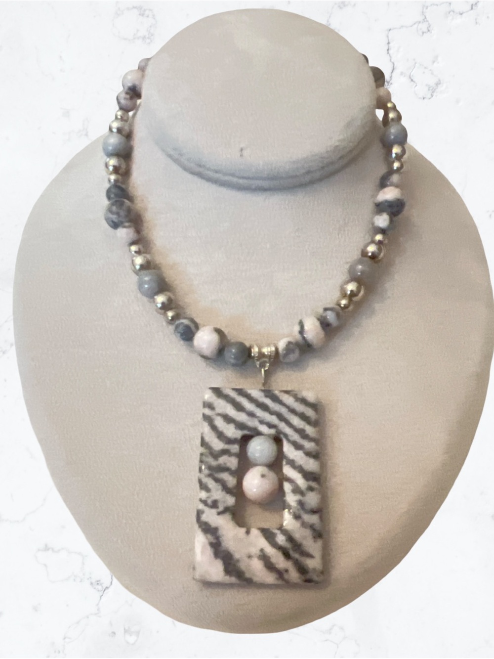 Pink Zebra Jasper Beaded Rectangular Pendant  925 Clasp necklace